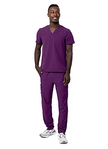 Adar Addition Go-Basic Scrub Set for Men - Classic V-Neck Scrub Top & Cargo Scrub Pants - A9300 - Eggplant - M