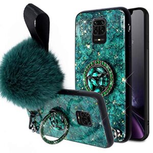 case for xiaomi redmi note 9 pro case marble,girls women glitter rhinestone diamond bling hybrid hard pc soft rubber silicone cover bumper shockproof protective case & furry ball ring kickstand,green
