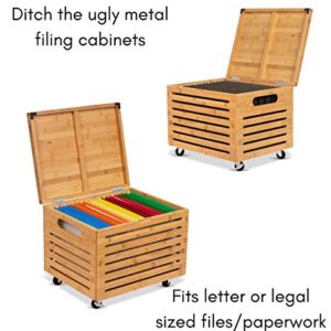 BirdRock Home Rolling File Storage Organizer Box with Lid (NEW VERSION) - Bamboo - Decorative Wood Hanging Filing & Storage Office Box - Letter/Legal - Strong Durable - Toys Blankets Binders - Natural