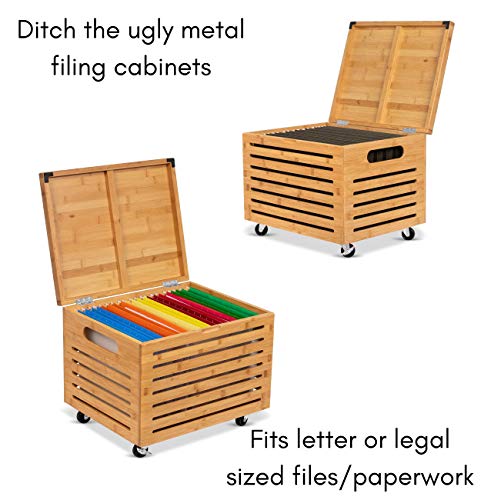 BirdRock Home Rolling File Storage Organizer Box with Lid (NEW VERSION) - Bamboo - Decorative Wood Hanging Filing & Storage Office Box - Letter/Legal - Strong Durable - Toys Blankets Binders - Natural