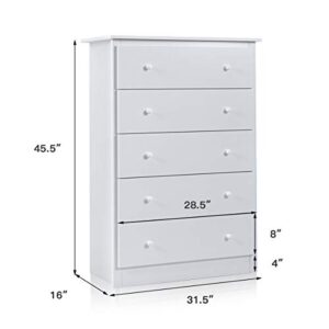 Giantex 5 Drawer Chest, Storage Dresser, Wooden Clothes Organizer Bedroom, Hallway, Entryway Furniture Large Storage Cabinet (White)