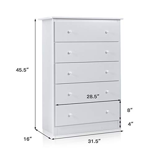 Giantex 5 Drawer Chest, Storage Dresser, Wooden Clothes Organizer Bedroom, Hallway, Entryway Furniture Large Storage Cabinet (White)