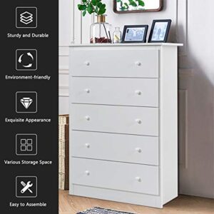 Giantex 5 Drawer Chest, Storage Dresser, Wooden Clothes Organizer Bedroom, Hallway, Entryway Furniture Large Storage Cabinet (White)