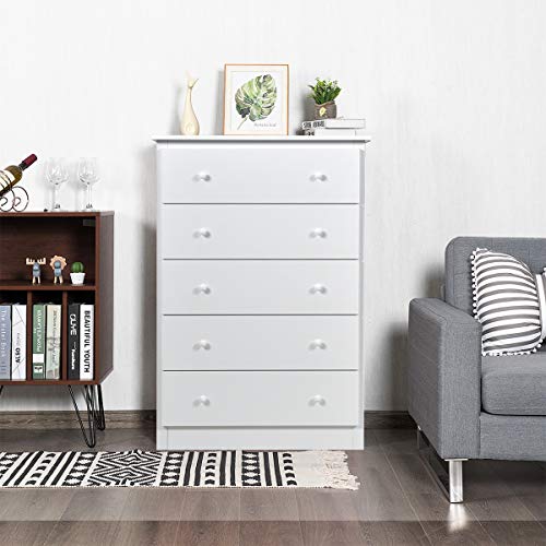 Giantex 5 Drawer Chest, Storage Dresser, Wooden Clothes Organizer Bedroom, Hallway, Entryway Furniture Large Storage Cabinet (White)