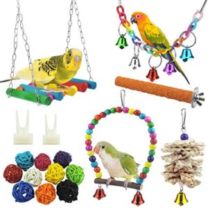 wbyj 17 pack birds parrot toys, parrots swing hanging chewing with bells toys hand made bird cage toys for love birds finches small parrots parakeets cockatiels conures small macaws (a)