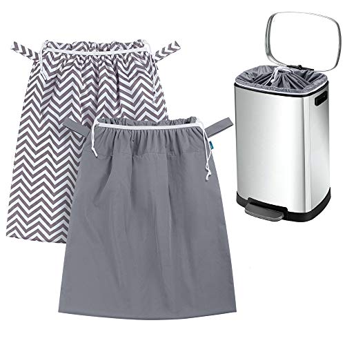 Teamoy 2 Pack Pail Liner for Cloth Diapers, Reusable Diaper Pail Bag with Elastic Band and Drawstring, Fits for 13.2 Gallon Trash Can and Diaper Pails, Gray Chevron+Slate