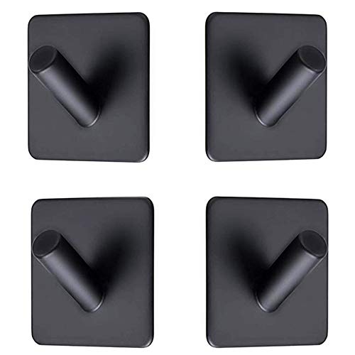 Heavy Duty Adhesive Hooks, Stick on Wall Adhesive Hangers, Strong Stainless Steel Holder, Self Adhesive Hooks for Kitchen Bathroom Home Door Towel Coat Key Robe 4 Packs Black