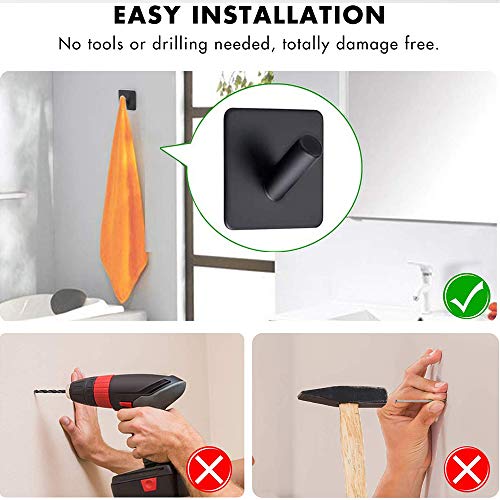 Heavy Duty Adhesive Hooks, Stick on Wall Adhesive Hangers, Strong Stainless Steel Holder, Self Adhesive Hooks for Kitchen Bathroom Home Door Towel Coat Key Robe 4 Packs Black