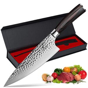 imarku damascus chef knife, 8 inch kitchen knife premium sharp cooking knife hc german stainless steel japanese knife for home kitchen and restaurant, hand-hammered, ergonomic handle, gift box