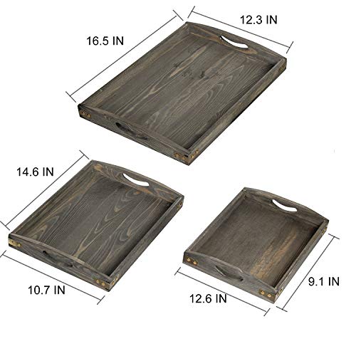 VERGOODR Country Farmhouse Rustic Wood Nesting Dinning Breakfast Serving Trays with Wood Handles, Set of 3,Can Put Food, Fruit, Plates｜Ottoman Decorative Coffee Table Tray (Rock Grey)