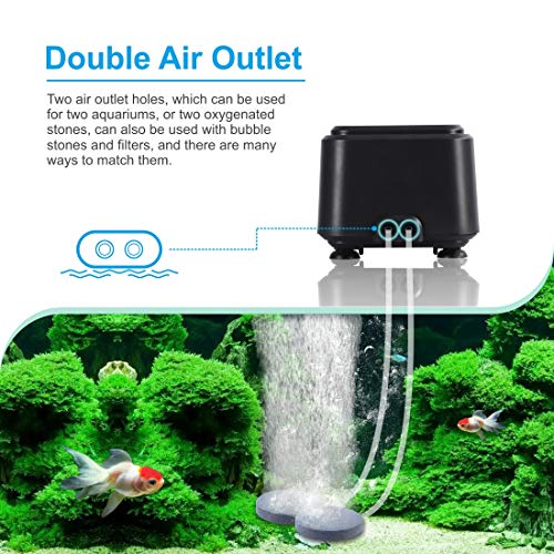 hygger Small Quietest Aquarium Air Pump, Adjustable Oxygen Pump 2 Air Outlets Ultra Silent Powerful Aerator Pump 160GPH 5W