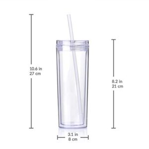 Cupture Skinny Acrylic Tumbler Cups with Straws - 18 oz, 8 Pack (Clear)