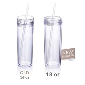 Cupture Skinny Acrylic Tumbler Cups with Straws - 18 oz, 8 Pack (Clear)