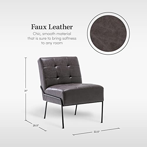 eLuxurySupply Armless Accent Chair | Upholstered Modern Living Room Chair with Metal Frame and Elegant Pintucking | Premium, Comfortable High Density Foam Cushion | Easy Assembly | Faux Black Leather