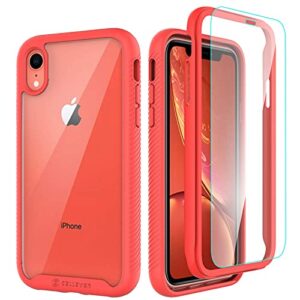 cellever clear full body case for iphone xr, heavy duty protection with anti-slip tpu bumper and [2 tempered 9h glass screen protectors] shockproof transparent phone cover 6.1 inch (coral)