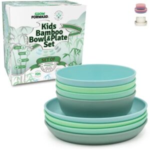 grow forward bamboo kids plates and bowls set - 4 bamboo plates for kids and 4 bamboo bowls for kids - bpa free & dishwasher safe - eco friendly reusable biodegradable childrens dishes - rainforest