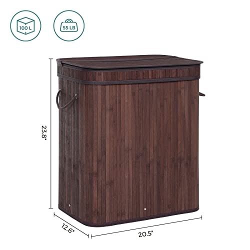 SONGMICS Laundry Hamper with Lid, Bamboo Launry Basket with Handles, Foldable Storage Basket for Laundry Room, Bedroom, 100L, Brown ULCB063K02