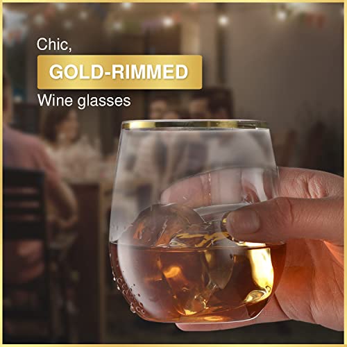 32 Pack Stemless Plastic Wine Glasses Disposable 12 Oz Gold Rim - Shatterproof Recyclable and BPA-Free, Stylish Drinkware for all Beverages, Cocktail Parties, Wedding Reception and Catered Events