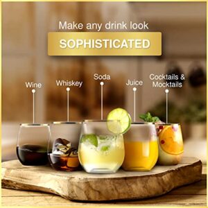 32 Pack Stemless Plastic Wine Glasses Disposable 12 Oz Gold Rim - Shatterproof Recyclable and BPA-Free, Stylish Drinkware for all Beverages, Cocktail Parties, Wedding Reception and Catered Events