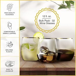 32 Pack Stemless Plastic Wine Glasses Disposable 12 Oz Gold Rim - Shatterproof Recyclable and BPA-Free, Stylish Drinkware for all Beverages, Cocktail Parties, Wedding Reception and Catered Events