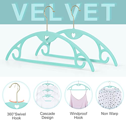 Velvet Clothes Hangers, ESEOE 50 Pack No Shoulder Bumps Suit Hangers with Swivel Hook, Ultra Thin Space Saving, Wide for Coat, Sweaters, Jackets, Shirt, Pants, Dresses (Sky Blue with Gold Hook)