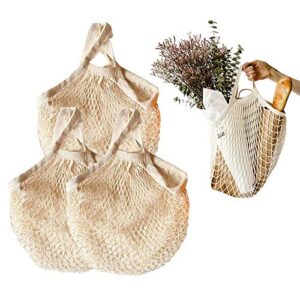 3 pcs ecology reusable cotton mesh grocery bags,portable short handle net tote with grips for grocery shopping,beige mesh bag for grocery shopping,beach,toys,storage,fruit,vegetable and market