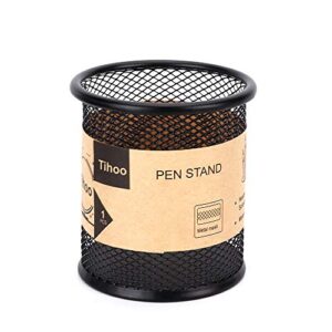 Tihoo Pencil Holder, Black Metal Office Desk Pen Holder, Simple Wire Mesh Pen Cup Organizer Stand, Modern Design, Round