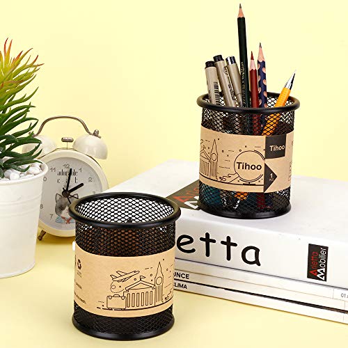 Tihoo Pencil Holder, Black Metal Office Desk Pen Holder, Simple Wire Mesh Pen Cup Organizer Stand, Modern Design, Round