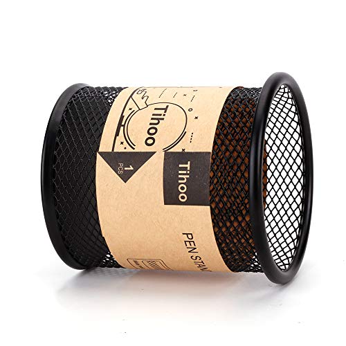 Tihoo Pencil Holder, Black Metal Office Desk Pen Holder, Simple Wire Mesh Pen Cup Organizer Stand, Modern Design, Round