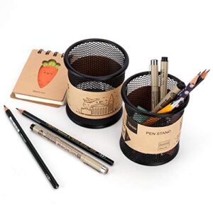 Tihoo Pencil Holder, Black Metal Office Desk Pen Holder, Simple Wire Mesh Pen Cup Organizer Stand, Modern Design, Round