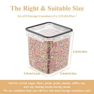 Blingco Cereal Container Food Storage Containers, Airtight Dry Food Storage Containers Set of 8 (2.5L/85oz) for Flour, Sugar, Cereal and Pantry Storage Containers with Black Locking Lids