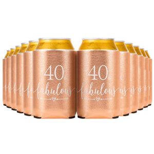 crisky 40 fabulous can cooler rose gold 40th birthday decorations beer sleeve party favor, can covers with insulated covers, 12-ounce neoprene coolers for soda, beer, can beverage, 12 rose gold