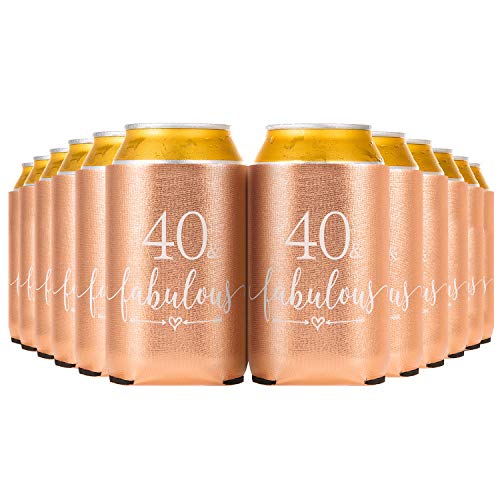 Crisky 40 Fabulous Can Cooler Rose Gold 40th Birthday Decorations Beer Sleeve Party Favor, Can Covers with Insulated Covers, 12-Ounce Neoprene Coolers for Soda, Beer, Can Beverage, 12 Rose Gold