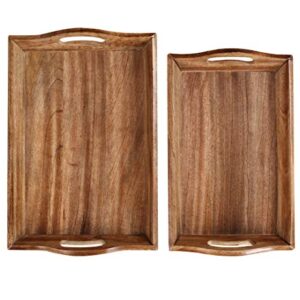 Antique Mango Wood Serving Tray Set of 2 with Burn Finish for Tea/Coffee Food Items and Hold Kitchen Ware 17x12x2.5- Big, 15.5x10x2.5- Small Wooden Trays, Burn Brown Finish