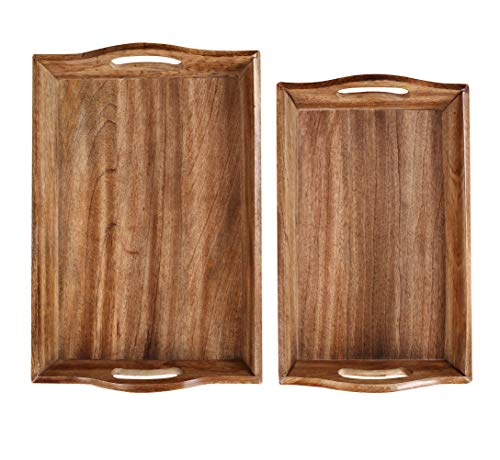 Antique Mango Wood Serving Tray Set of 2 with Burn Finish for Tea/Coffee Food Items and Hold Kitchen Ware 17x12x2.5- Big, 15.5x10x2.5- Small Wooden Trays, Burn Brown Finish