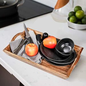 Antique Mango Wood Serving Tray Set of 2 with Burn Finish for Tea/Coffee Food Items and Hold Kitchen Ware 17x12x2.5- Big, 15.5x10x2.5- Small Wooden Trays, Burn Brown Finish