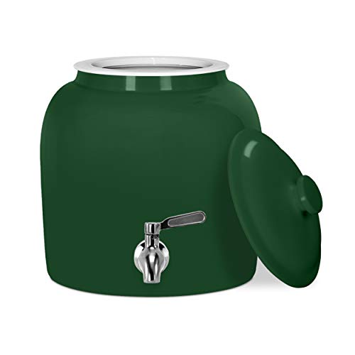 Geo Sports Porcelain Ceramic Crock Water Dispenser, Stainless Steel Faucet, Valve and Lid Included. Fits 3 to 5 Gallon Jugs. (Solid Green)