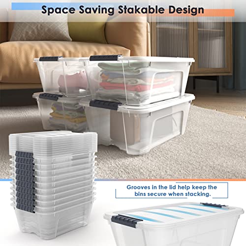 FANTASK 12-Pack Multi-Purpose Storage Box, Storage Organizer Box w/Latching Handle & Lid, 12.7 Quart, Clear Plastic Storage Bins