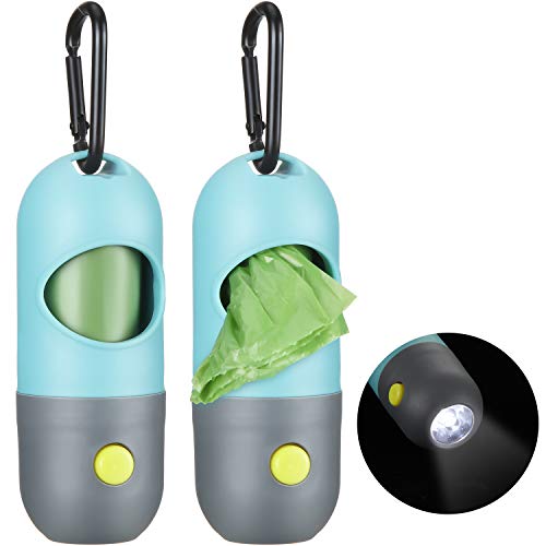 2 Pieces Dog Poop Waste Bag Holder Dispenser with LED Flashlight and 2 Rolls Dog Poop Waste Bags Leak-Proof Dog Waste Bags (Blue)