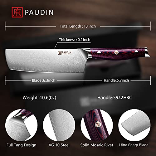 PAUDIN Damascus Nakiri Knife,7 Inch Japanese Damascus 67-layers VG10 High Carbon Stainless steel Knife, Ultra Sharp Vegetable Knife, Plume Pattern Kitchen Knife with Ergonomic G10 Handle