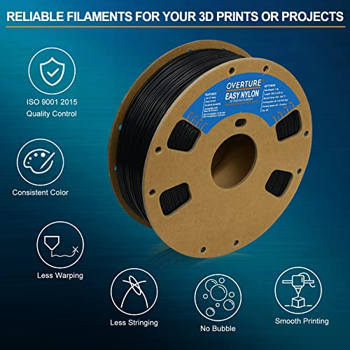 OVERTURE Nylon Filament 1.75mm 3D Printer Filament, Polyamide (PA) 1kg Spool (2.2lbs), Dimensional Accuracy +/- 0.03 mm, Fit Most FDM Printer (Black)