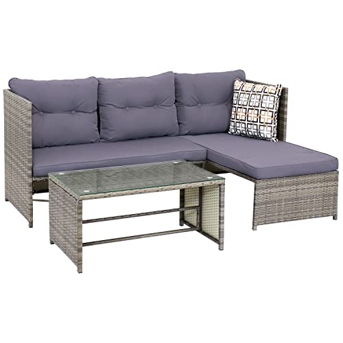 Sunnydaze Longford Outdoor Patio Sectional Sofa Set - Backyard Resin Rattan Chaise Lounge Furniture with Coffee Table and Thick Cushions - Conversation Set - Charcoal Cushions