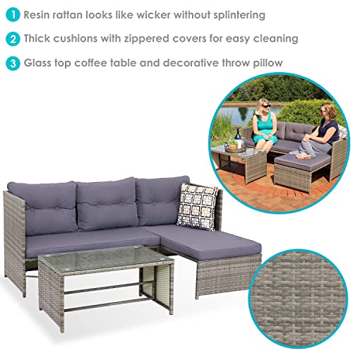 Sunnydaze Longford Outdoor Patio Sectional Sofa Set - Backyard Resin Rattan Chaise Lounge Furniture with Coffee Table and Thick Cushions - Conversation Set - Charcoal Cushions
