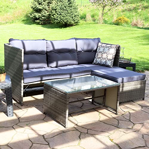 Sunnydaze Longford Outdoor Patio Sectional Sofa Set - Backyard Resin Rattan Chaise Lounge Furniture with Coffee Table and Thick Cushions - Conversation Set - Charcoal Cushions