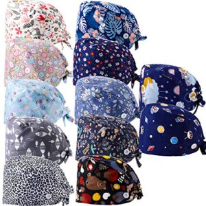 12 pieces women working caps with buttons and sweatband adjustable bouffant hats unisex tie back hats disposable surgical caps beanie headband medical head face mask for nurse