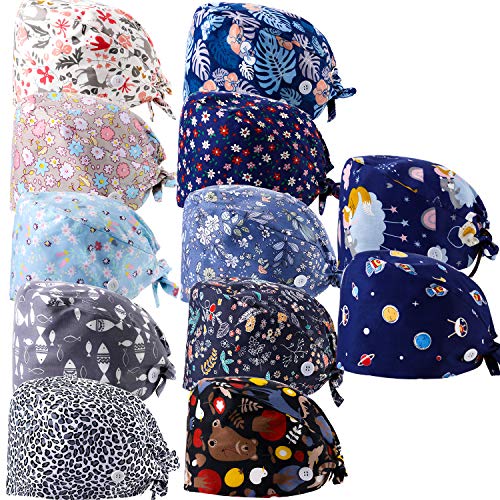 12 Pieces Women Working Caps with Buttons and Sweatband Adjustable Bouffant Hats Unisex Tie Back Hats Disposable Surgical Caps Beanie Headband Medical Head Face Mask for Nurse