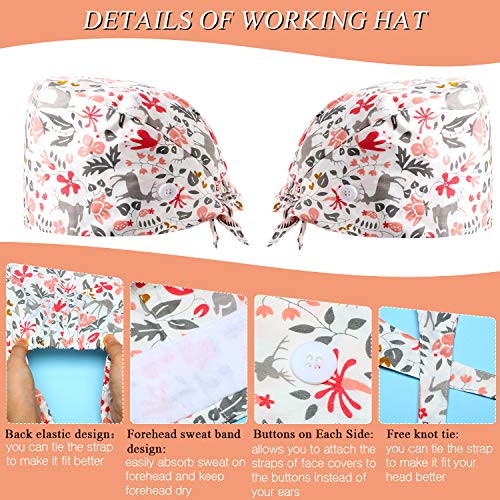 12 Pieces Women Working Caps with Buttons and Sweatband Adjustable Bouffant Hats Unisex Tie Back Hats Disposable Surgical Caps Beanie Headband Medical Head Face Mask for Nurse