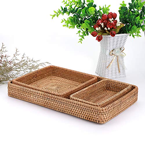 Hipiwe Large Rattan Serving Tray, Handwoven Wicker Basket Organizer Tray, Rectangle Tabletop Breakfast Drinks Snack Fruit Storage Platter Tray for Dining, Coffee, Home Decor (Set of 3)