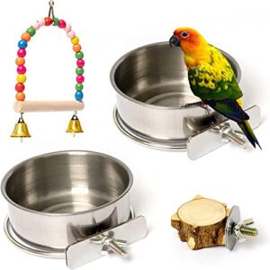 bird feeding dish cups, parrot food bowl clamp holder stainless steel coop cup bird cage water bowl 2 pack bird perch platform stand