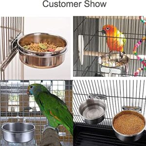 Bird Feeding Dish Cups, Parrot Food Bowl Clamp Holder Stainless Steel Coop Cup Bird Cage Water Bowl 2 Pack Bird Perch Platform Stand